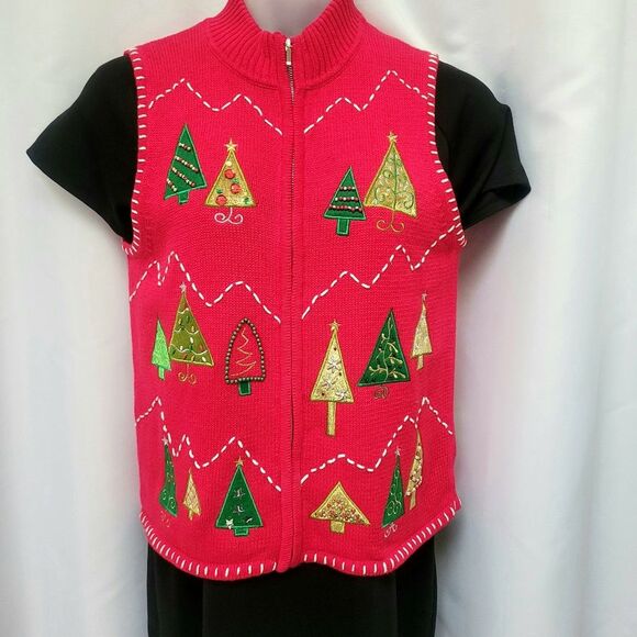 VTG Karen Scott Ugly Christmas Sweater Vest Red Xmas Trees Bling Full Zip Medium - Picture 1 of 10